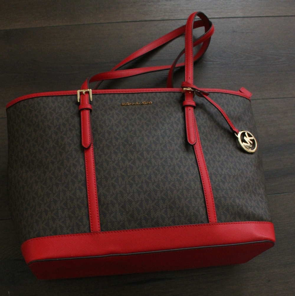 Michael Kors Red Trim Signature Tote Bag - Picture 11 of 11